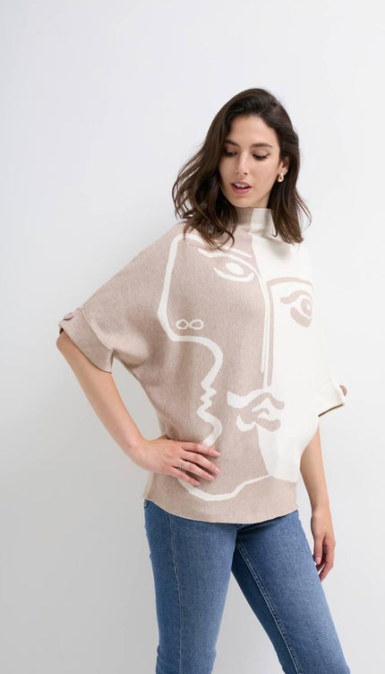 Dik Yaka Desenli Triko Kazak