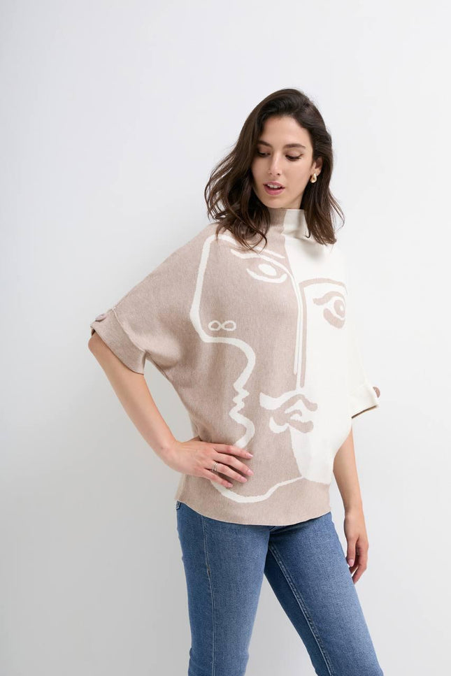 Dik Yaka Desenli Triko Kazak