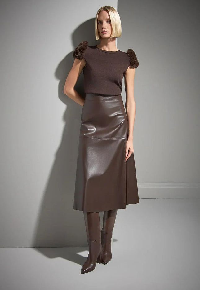 Fermuar Detaylı Midi Kahverengi L Beden Deri Etek