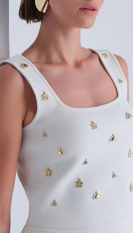 Gold Aksesuarlı Kare Yaka Ekru Crop Top