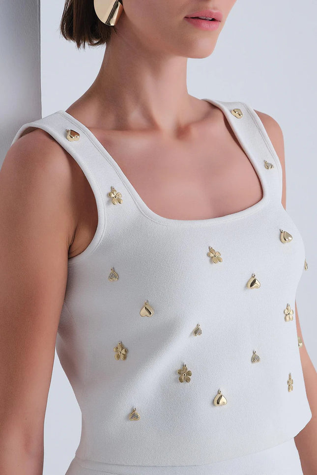 Gold Aksesuarlı Kare Yaka Ekru Crop Top