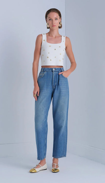 Gold Aksesuarlı Kare Yaka Ekru Crop Top