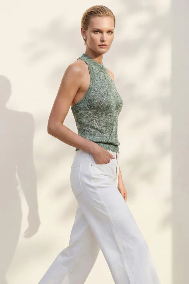 Halter Yaka Ajurlu Yeşil Bluz