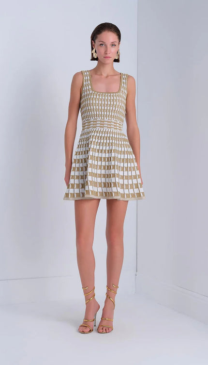 Kare Yaka Kloş Gold Mini Elbise