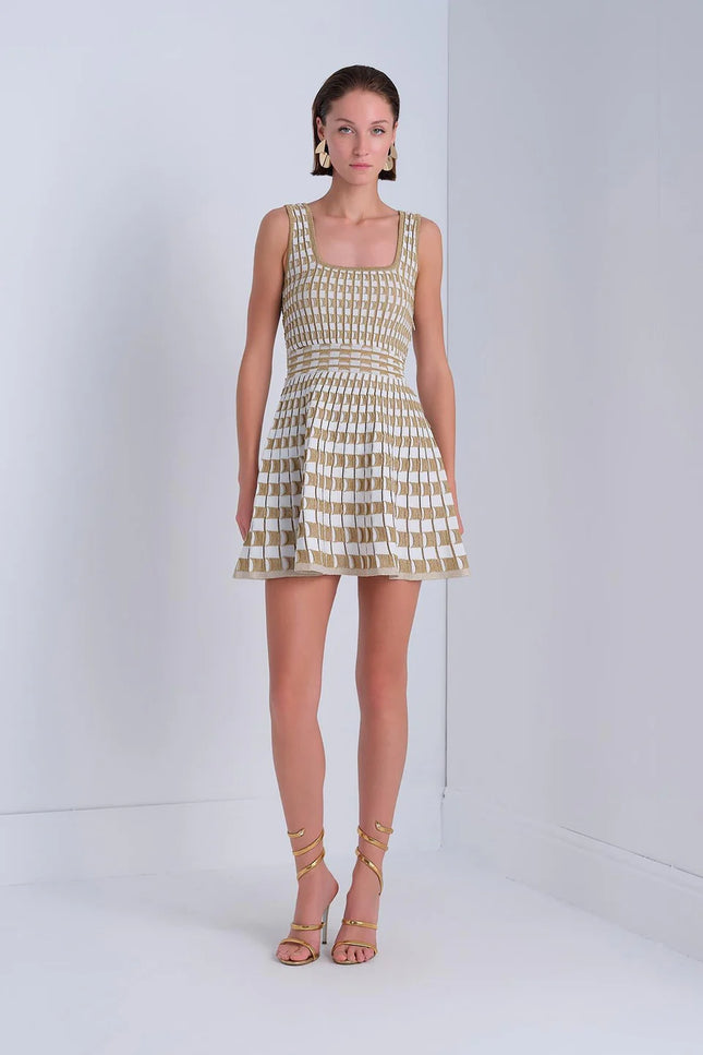 Kare Yaka Kloş Gold Mini Elbise