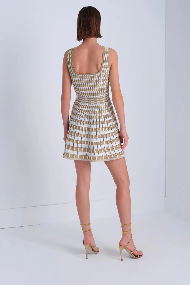 Kare Yaka Kloş Gold Mini Elbise