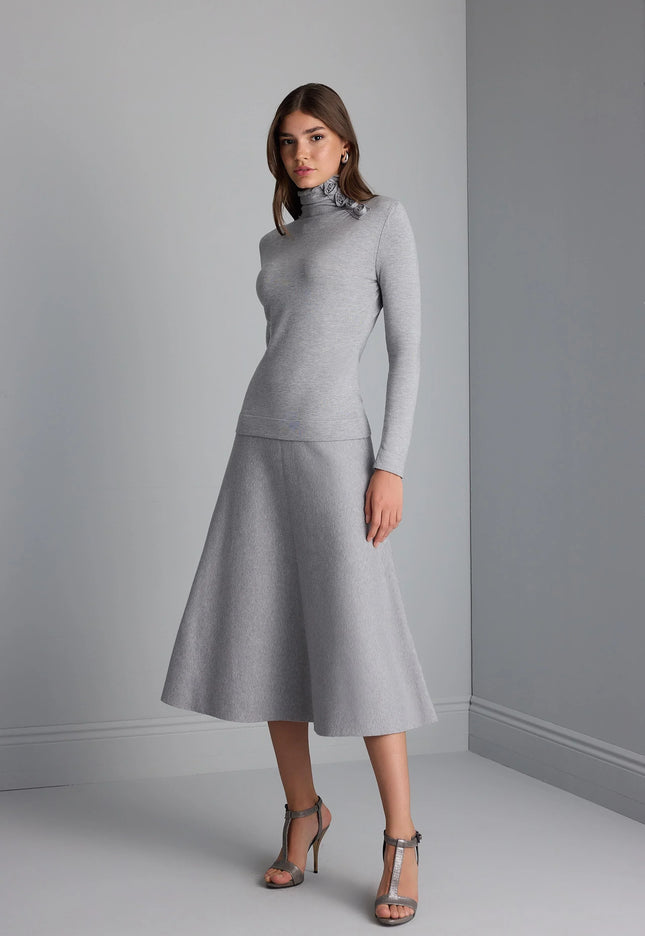 Kloş Midi Gri Triko Etek
