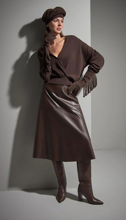 Kruvaze Yaka Kahverengi Triko Kazak