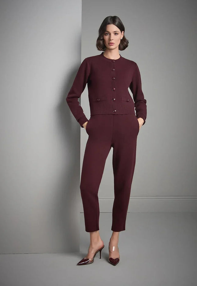 Kumaş Detaylı Düğmeli Bordo Triko Hırka