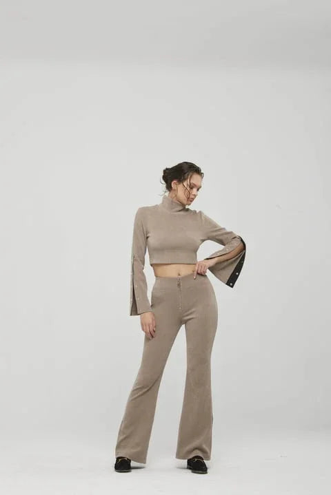 Yüksek Bel Slim Fit İspanyol Paça Bej Pantolon