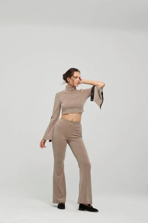 Yüksek Bel Slim Fit İspanyol Paça Bej Pantolon