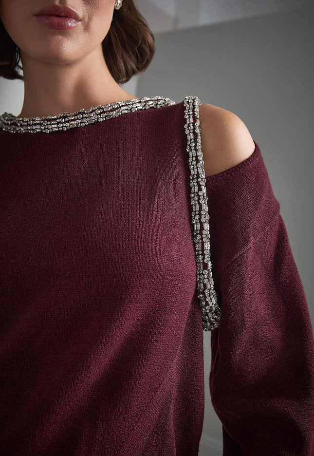 Pencere Detaylı Şerit Taş İşlemeli Bordo Triko Kazak