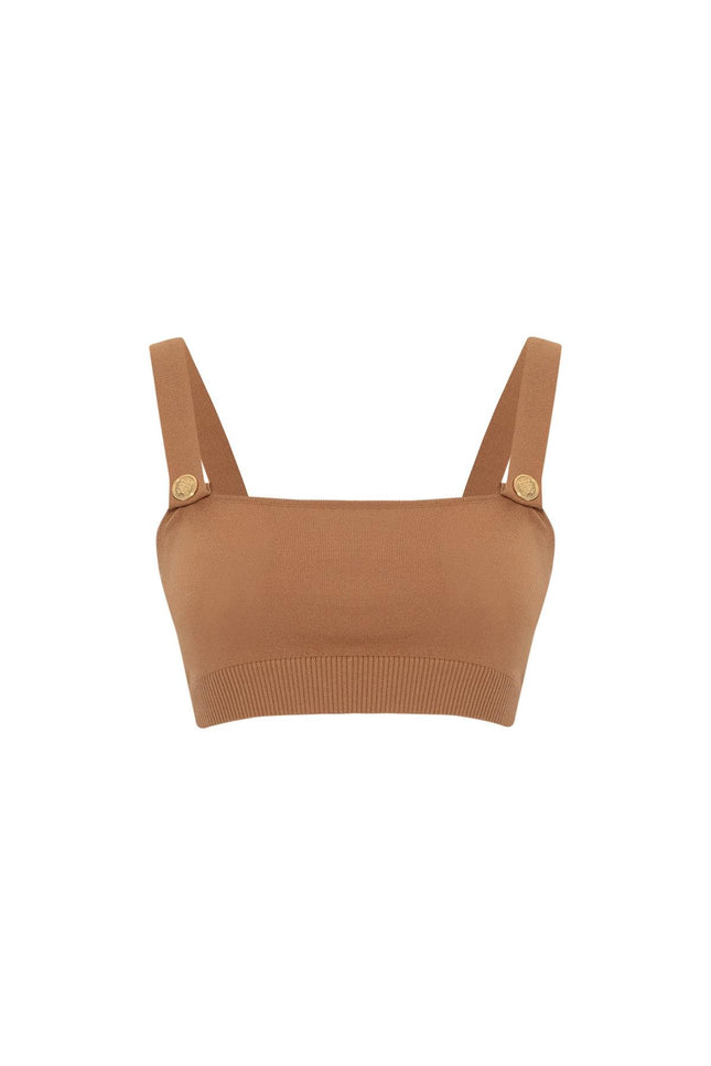 Styleboom X Peraluna ELIZABETH BRALET Düğme Detaylı Askılı Kadın Triko Bralet - Camel