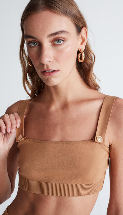 Styleboom X Peraluna ELIZABETH BRALET Düğme Detaylı Askılı Kadın Triko Bralet - Camel