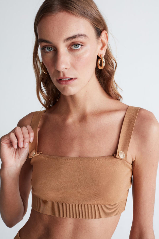 Styleboom X Peraluna ELIZABETH BRALET Düğme Detaylı Askılı Kadın Triko Bralet - Camel