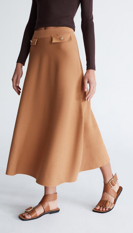 Styleboom X Peraluna VIVIEN SKIRT Düğme Detaylı Diz Altı Kloş Kadın Triko Etek - Camel