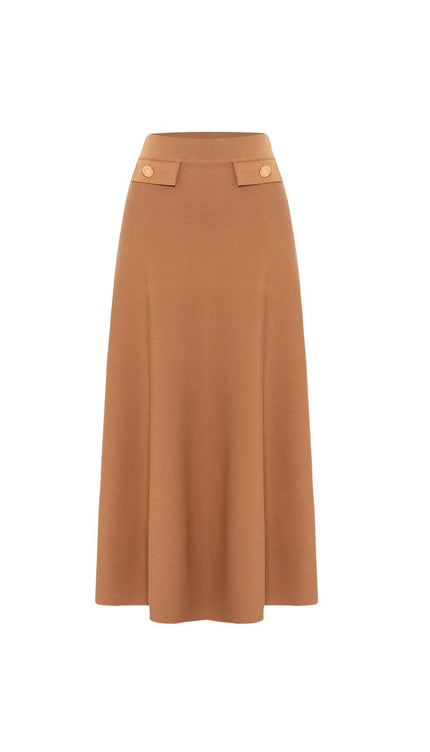Styleboom X Peraluna VIVIEN SKIRT Düğme Detaylı Diz Altı Kloş Kadın Triko Etek - Camel