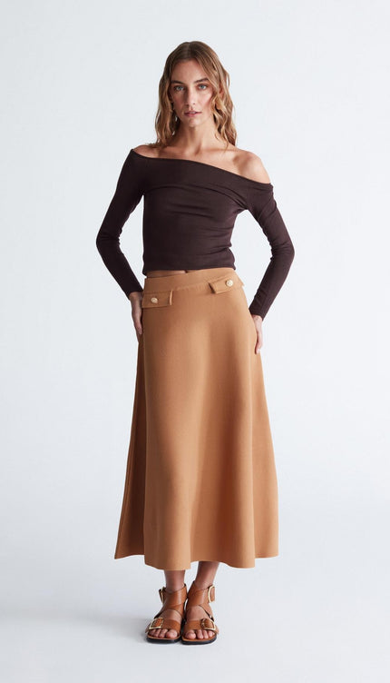 Styleboom X Peraluna VIVIEN SKIRT Düğme Detaylı Diz Altı Kloş Kadın Triko Etek - Camel