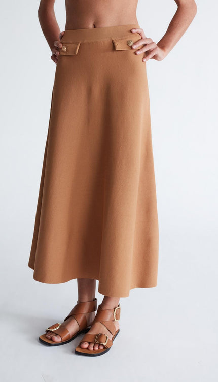 Styleboom X Peraluna VIVIEN SKIRT Düğme Detaylı Diz Altı Kloş Kadın Triko Etek - Camel