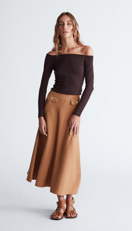 Styleboom X Peraluna VIVIEN SKIRT Düğme Detaylı Diz Altı Kloş Kadın Triko Etek - Camel