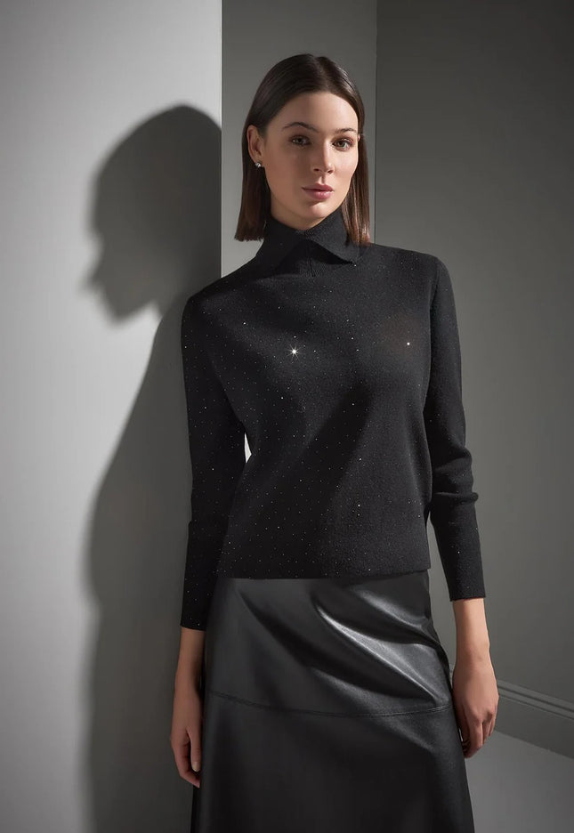 Polo Yaka Taş Baskılı Siyah Triko Kazak