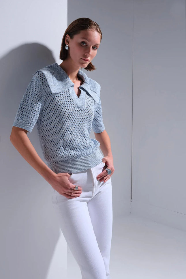 Sim Detaylı Polo Yaka Mavi Bluz