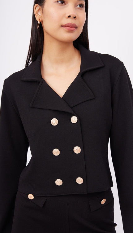 Styleboom X Peraluna KATHY BLAZER Çelik Örgü Crop Kruvaze Blazer Kadın Triko Ceket - Siyah