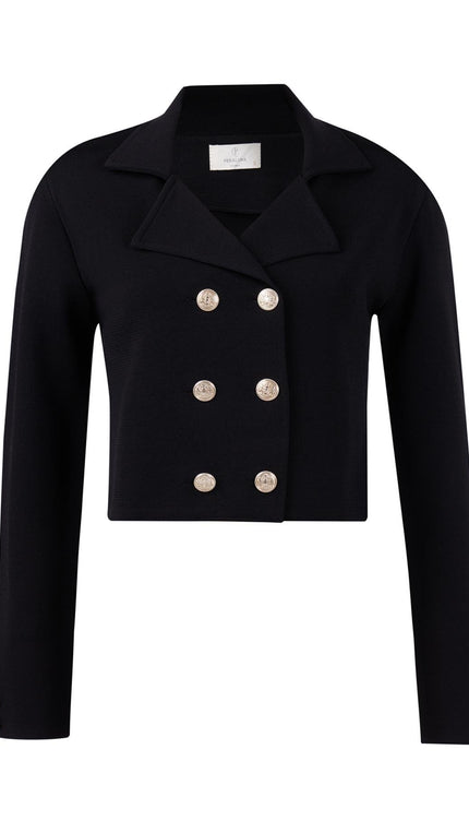 Styleboom X Peraluna KATHY BLAZER Çelik Örgü Crop Kruvaze Blazer Kadın Triko Ceket - Siyah