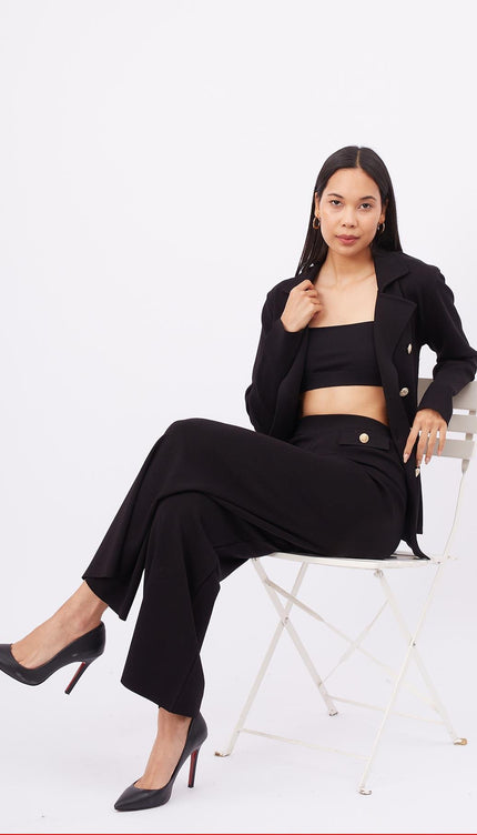 Styleboom X Peraluna MARLENE TROUSER Düğme Detaylı Rahat Kesim Kadın Triko Pantolon - Siyah