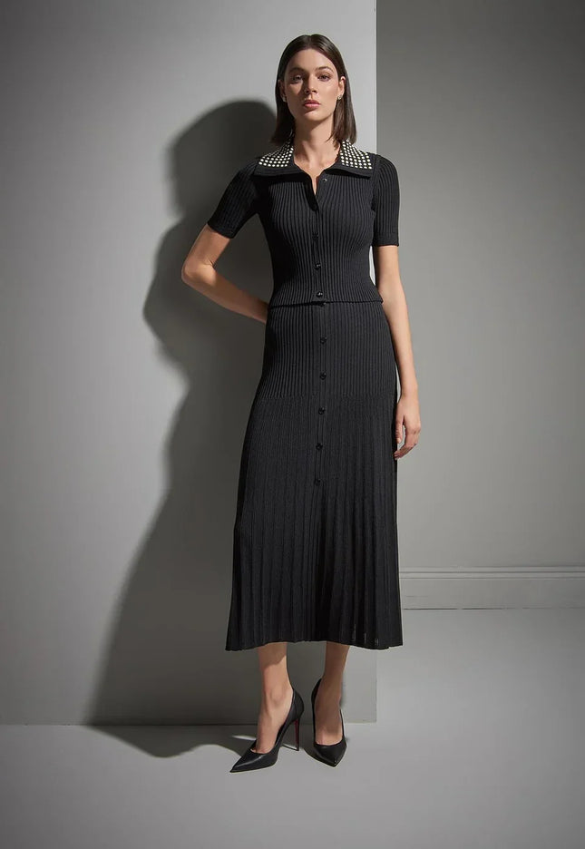 Süs Çıtçıt Detaylı Siyah Midi Triko Etek