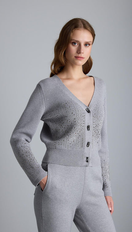 Taş Baskılı Gri Triko Hırka