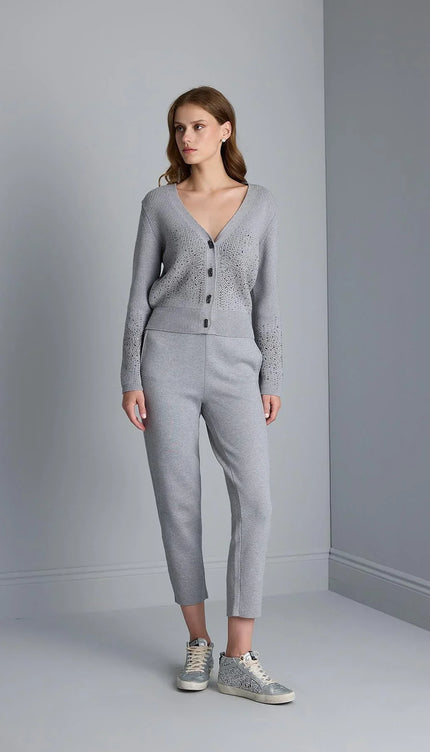 Taş Baskılı Gri Triko Hırka