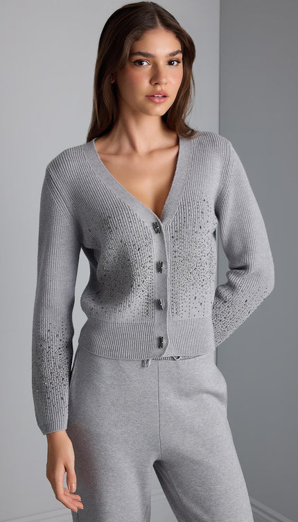 Taş Baskılı Gri Triko Hırka