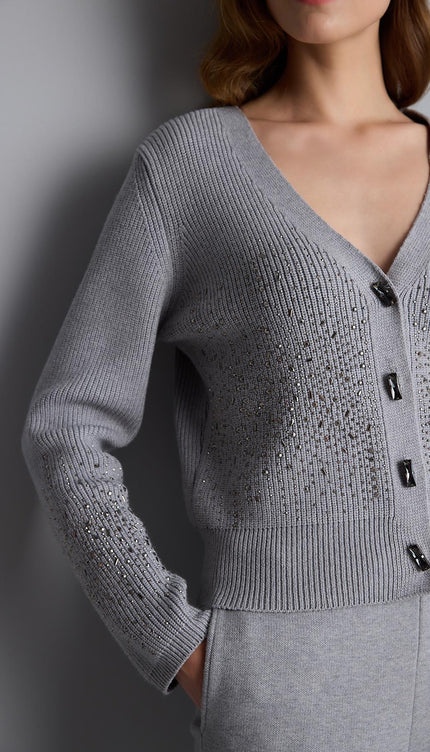 Taş Baskılı Gri Triko Hırka