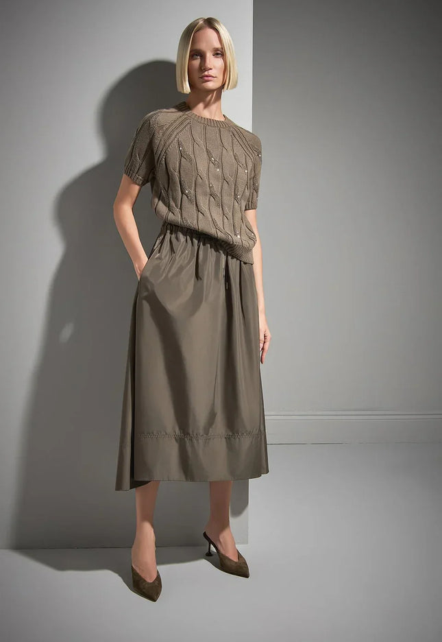 Taş Baskılı Saç Örgülü Yeşil Triko Kazak