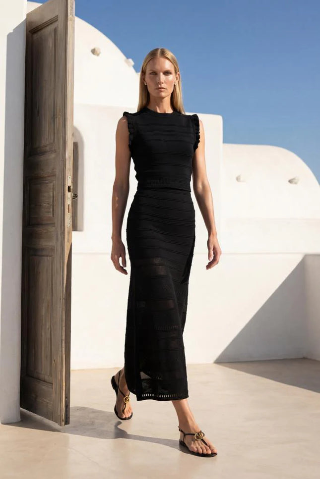 Transparan Detaylı Ajurlu Siyah Midi Etek