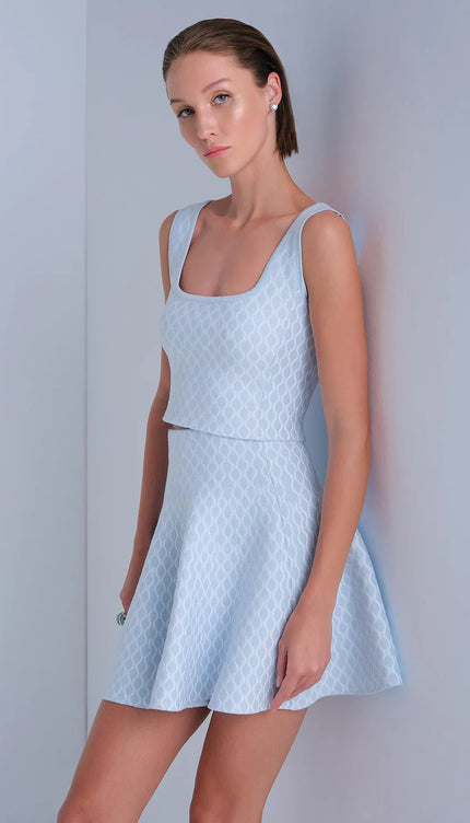 U Yaka Desenli Mavi Crop Top