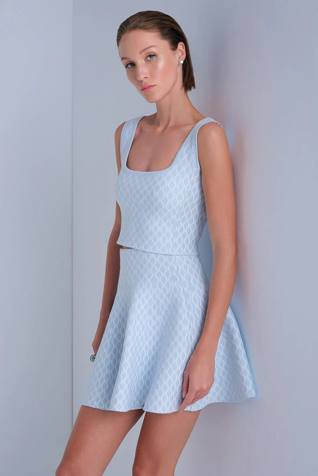 U Yaka Desenli Mavi Crop Top