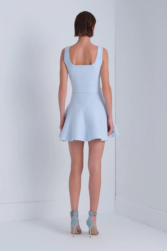 U Yaka Desenli Mavi Crop Top