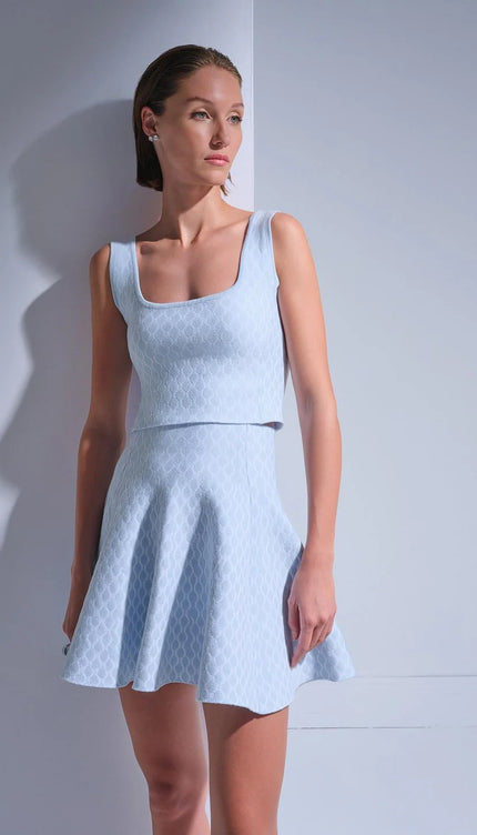 U Yaka Desenli Mavi Crop Top