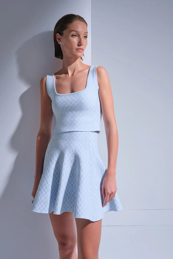 U Yaka Desenli Mavi Crop Top