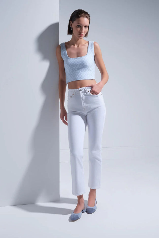 U Yaka Desenli Mavi Crop Top