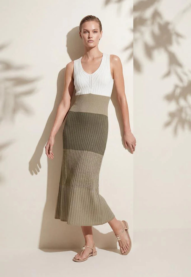 V Yaka Renk Bloklu Multi Midi Elbise