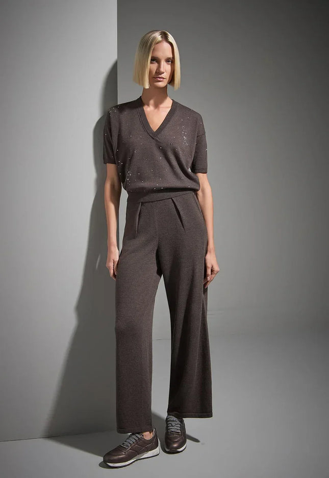 V Yaka Taş baskılı Kahverengi Triko Kazak