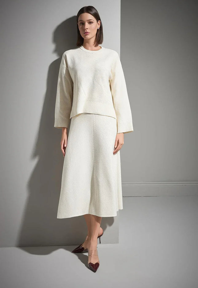 Verev Desenli Kloş Ekru Midi Triko Etek