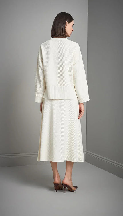 Verev Desenli Kloş Ekru Midi Triko Etek