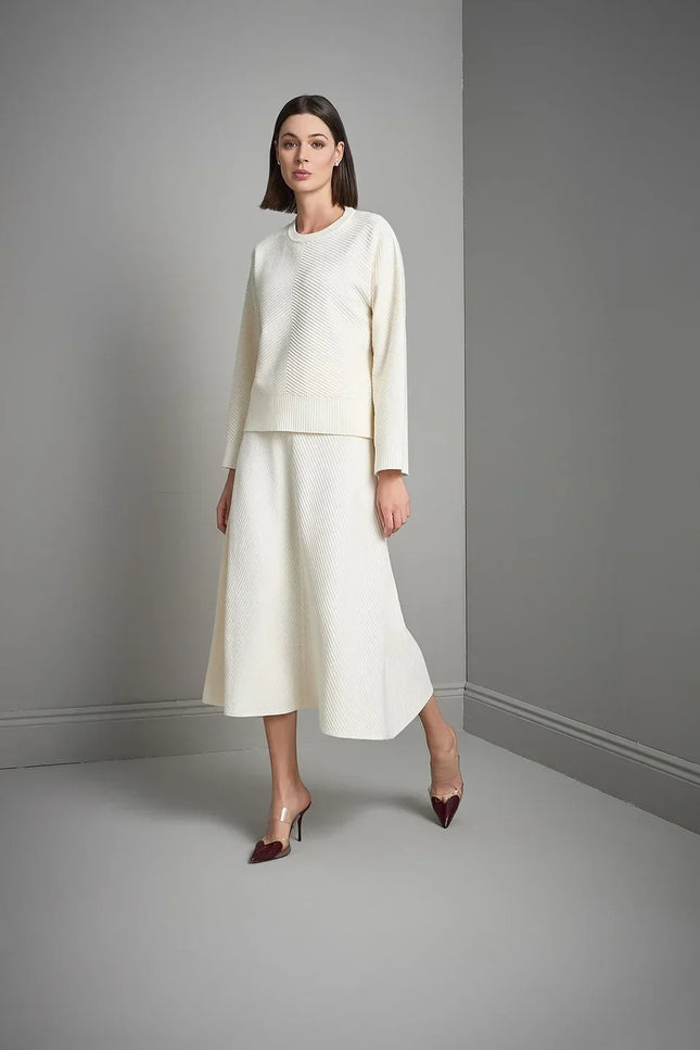 Verev Desenli Kloş Ekru Midi Triko Etek