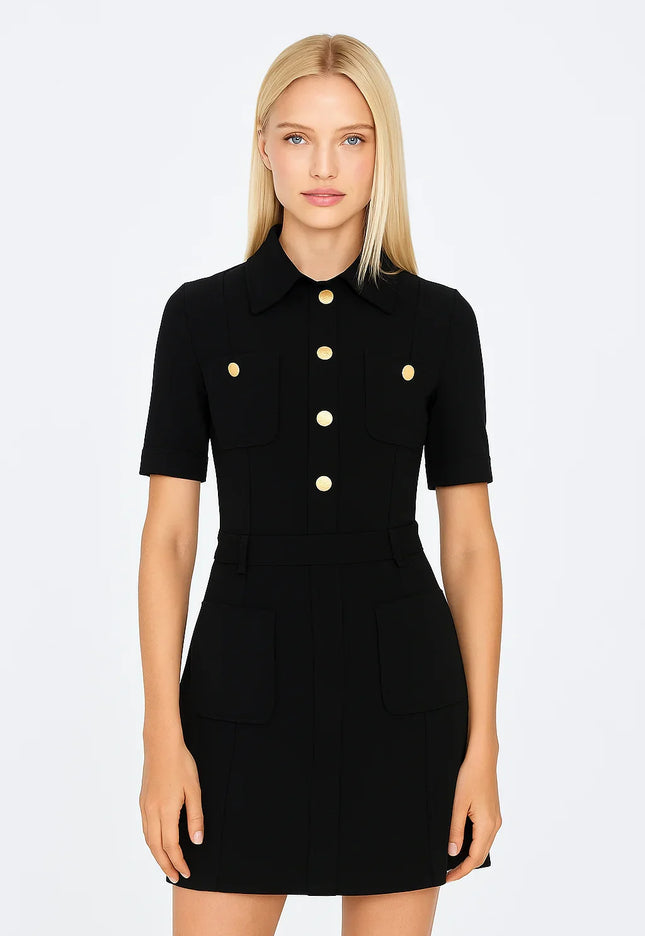 Animas Slim Fit Takma Kol Gömlek Yaka Siyah Renk Elbise