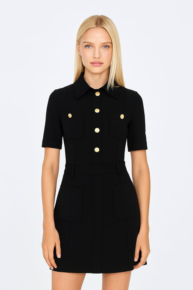Animas Slim Fit Takma Kol Gömlek Yaka Siyah Renk Elbise