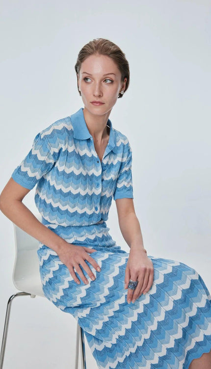 Zikzak Desenli Polo Yaka Bluz
